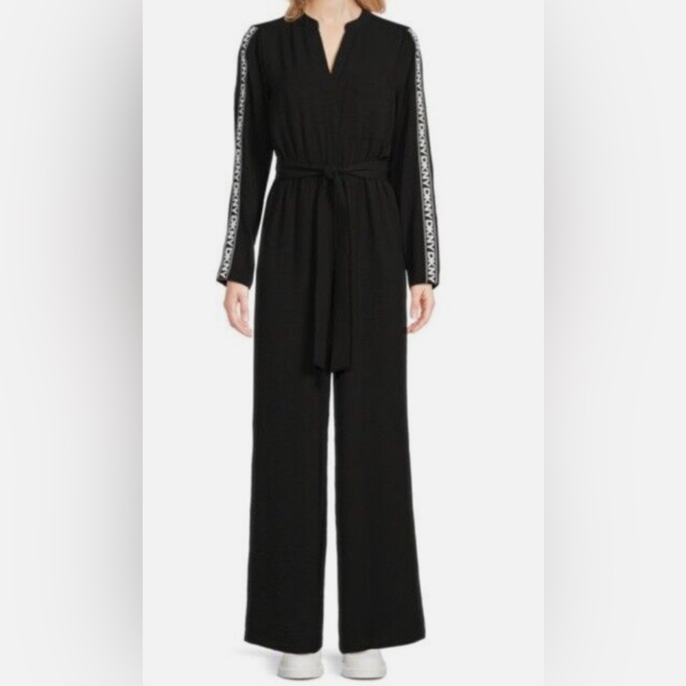 NWOT DKNY Black Jumpsuit | Logo Texture Stripes on Sleeve | Wide Leg | Size 10